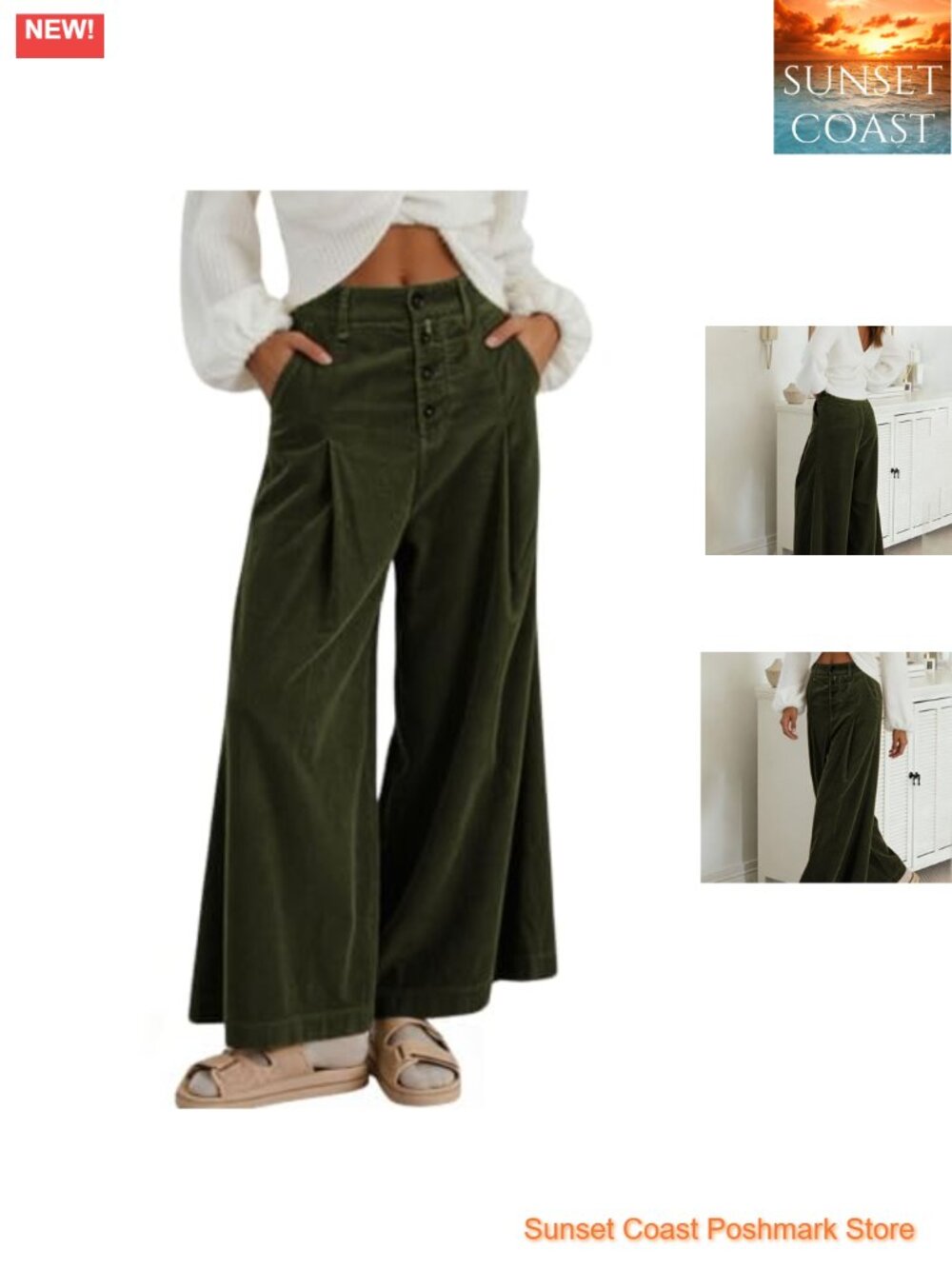 Corduroy Pants Button Front Wide Leg High Waisted Trousers